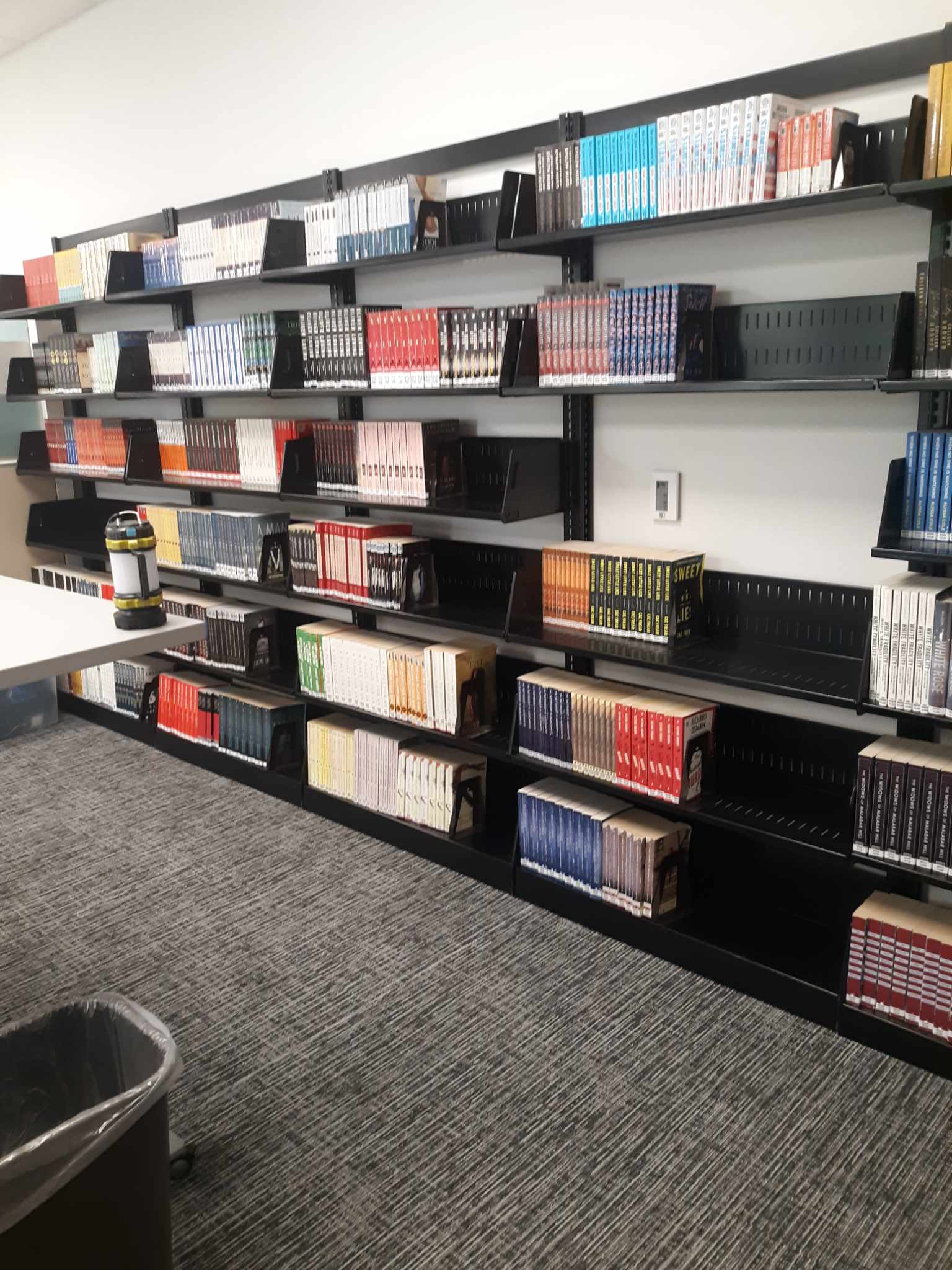 Book Club Kits moved to their new shelving in the Adult Services staff workroom.